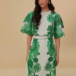 Farm Rio Linen Green Color Festival Midi Skirt Blouse Set Flax Linen Sz S NEW